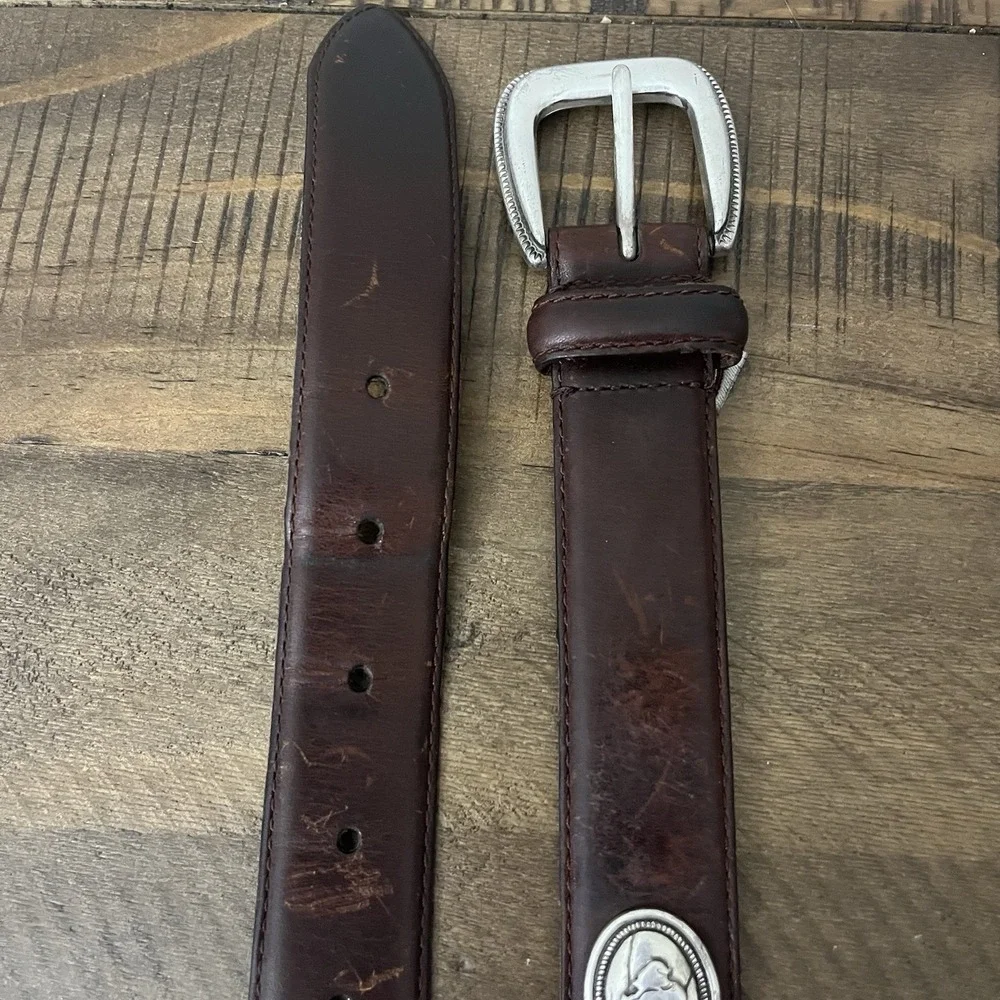 Vtg FOSSIL Brown Leather Belt Silver‎ Buffalo Yellowstone Concho Men's 34